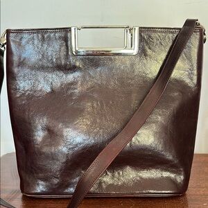 Brown Leather Shoulder Bag with Glossy Finish